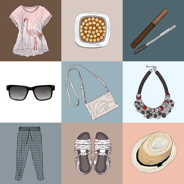 Vector stylish fashion set of woman's clothes accessories and cosmetics