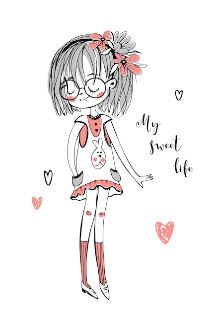 Vector stylish fashionable girl with glasses my sweet life vector illustration