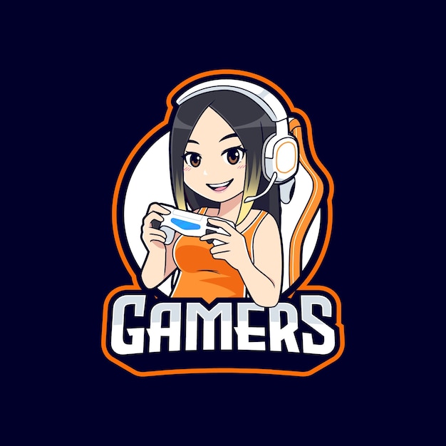 Vector stylish gamer girl cartoon logo template