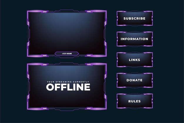 Stylish gamer screen interface decoration with purple color abstract shapes Online gamer background and screen border for live streaming Futuristic gaming overlay vector with an offline screen