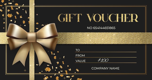 Stylish gift voucher with golden bow Elegant template for gift card coupon Luxury gift voucher