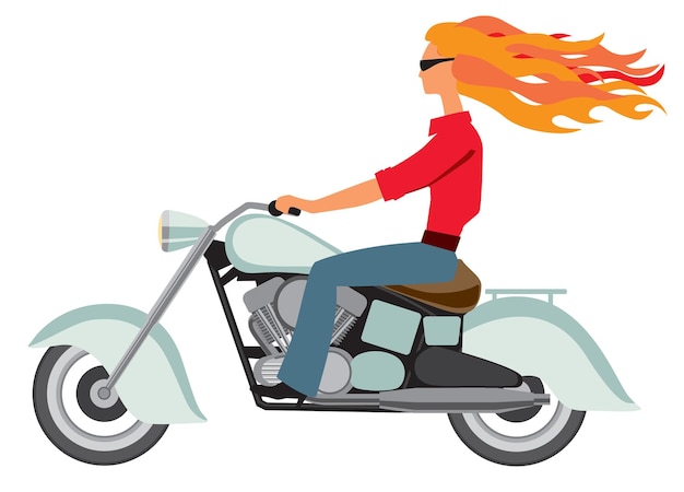 Vector a stylish girl of the 70s rides a motorcycle chopper red fir hair develops