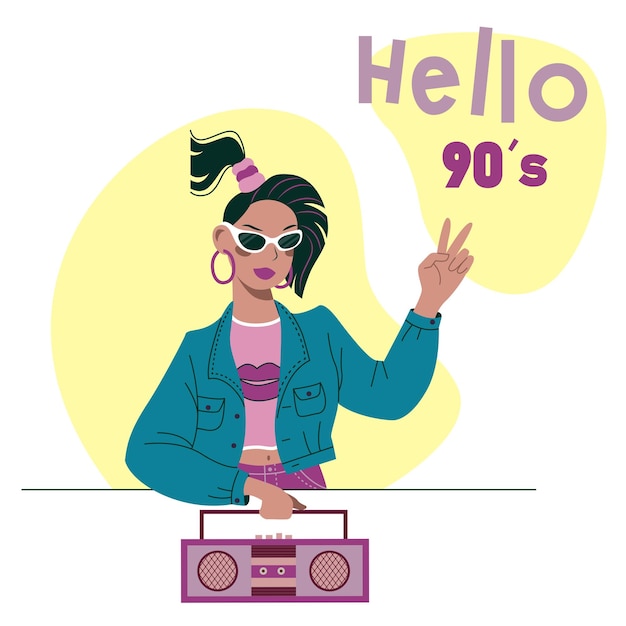 벡터 테이프 레코더를 들고 있는 90년대의 세련된 소녀