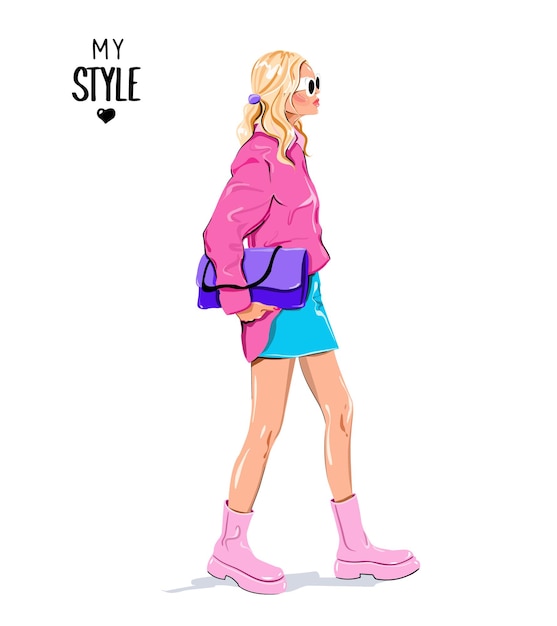 Vector stylish girl holding bag fashion outfit vector illustration