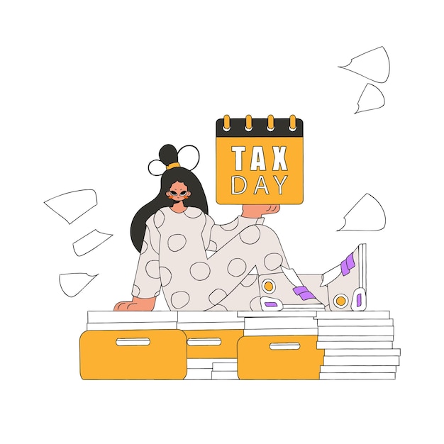 Vector stylish girl holds a calendar in her hand tax day the topic of paying taxes