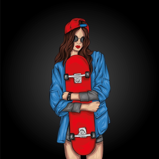 Ragazza alla moda e skateboard, pattinatore.