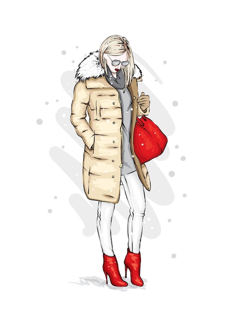 Vettore ragazza alla moda in un cappotto invernale alla moda, stivali e con una borsa.