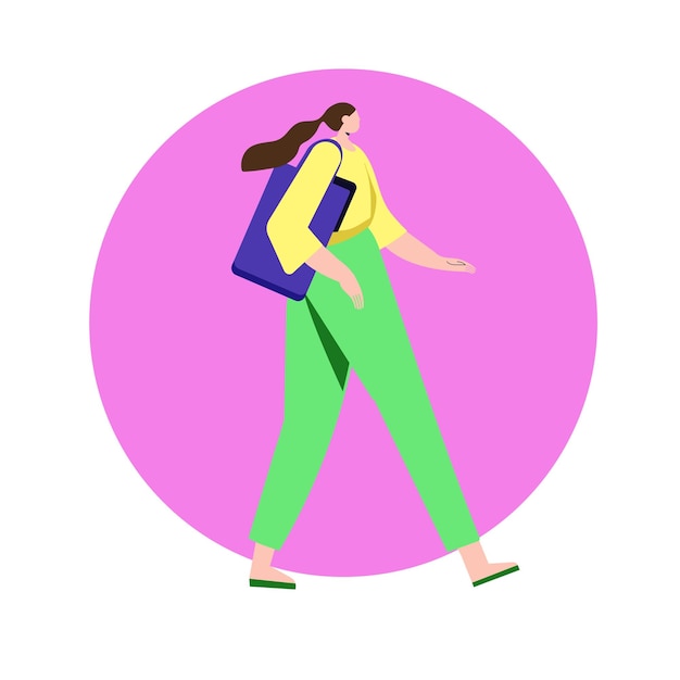 Stylish girl  walking down the street with a handbag flat vector illustration