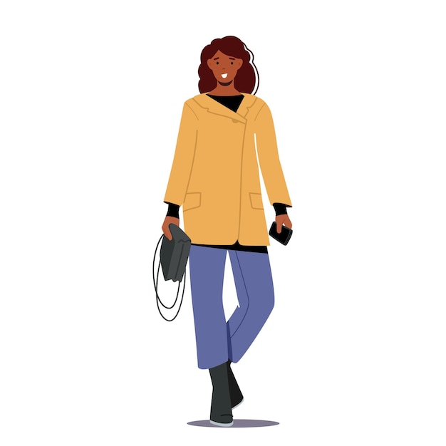 Стильная девушка в модном осеннем наряде с коротким пальто, джинсами и сумкой. Осенние модные тенденции для женщин, Модная одежда