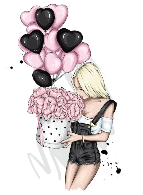 Stylish girl with balloons and hearts