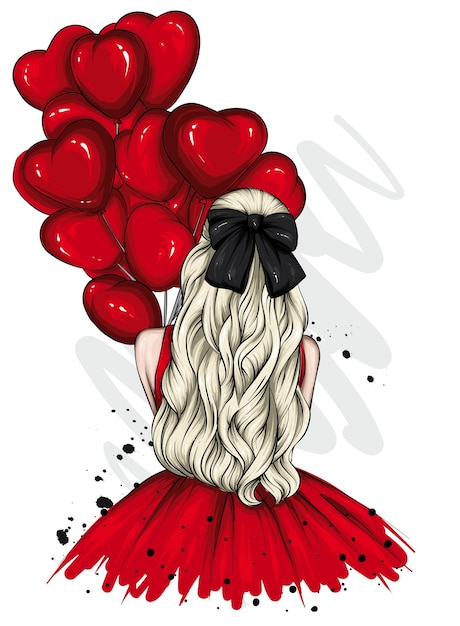 Vector stylish girl with balloons and hearts