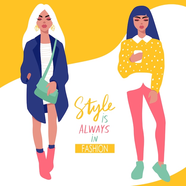 Stylish girls in trendy clothes isolated