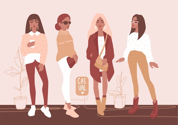 Vector stylish girls in trendy clothes.