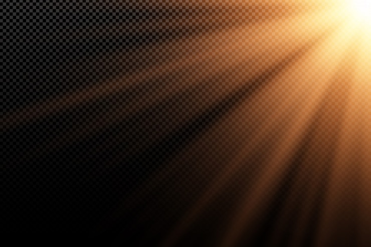 Vector stylish gold light effect on transparent dark background. golden rays. light in the dark. bright explosion. sunlight. abstract light. .