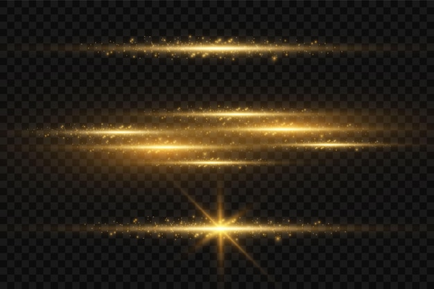 Stylish golden light effect. Abstract laser beams of light. Chaotic neon rays of light. Golden glitters. Isolated on transparent dark background. Vector illustration. EPS 10