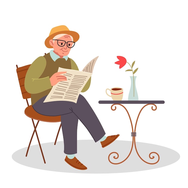 Stylish grandfather drinks coffee on the street and reads a newspaper. Senior sitting on a chair and reading a newspaper.  Vector illustration flat design