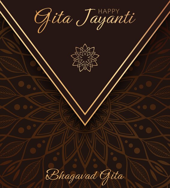 Stylish greeting design for Indian holiday Gita Jayanti. Luxury card with golden text and mandala