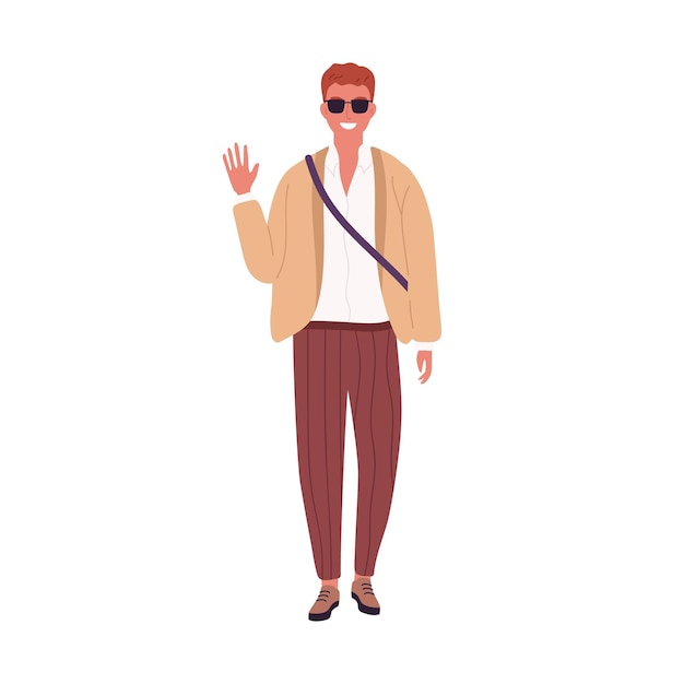 선글라스를 쓴 세련된 남자가 손을 흔들며 웃고 있는 벡터 평면 삽화. 현대 젊은 사업가 또는 흰색으로 격리된 최신 유행의 옷을 입은 학생. 유행 복장에 서 있는 캐주얼 남성.