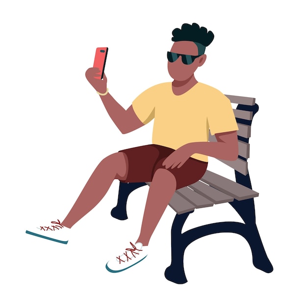 Стильный парень делает селфи и сидит на скамейке полуплоский цветной векторный персонаж сидящая фигура человек в полный рост на белом простая иллюстрация в мультяшном стиле для веб-графического дизайна и анимации