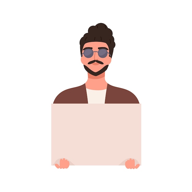 Stylish guy in trendy sunglasses carrying empty banner vector flat illustration. Colorful hipster bearded man posing with placard isolated on white background. Male demonstrate blank for message.