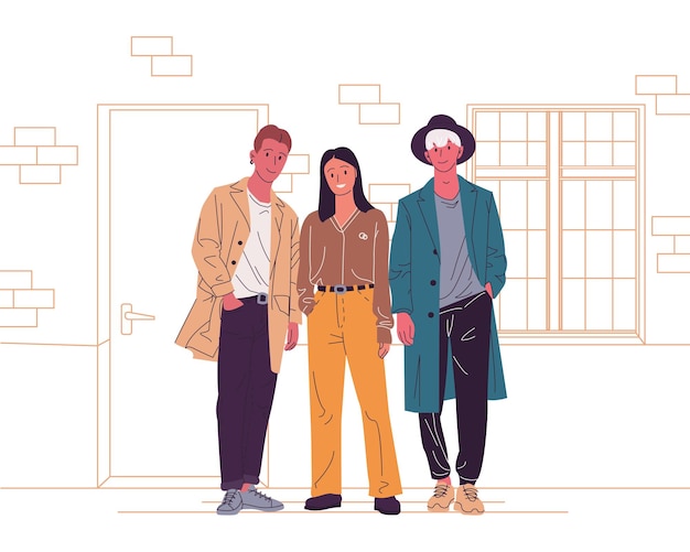 Stylish guys and girl in fashionable clothes