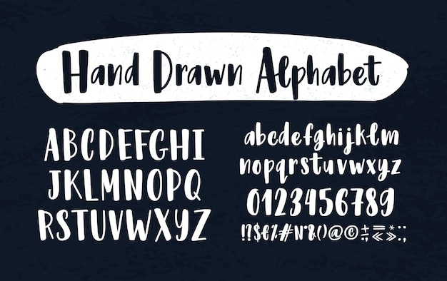 Stylish hand drawn english alphabet. Collection of upper and lower case letters arranged in alphabetical order, figures and symbols handwritten with calligraphic font. Modern vector illustration.