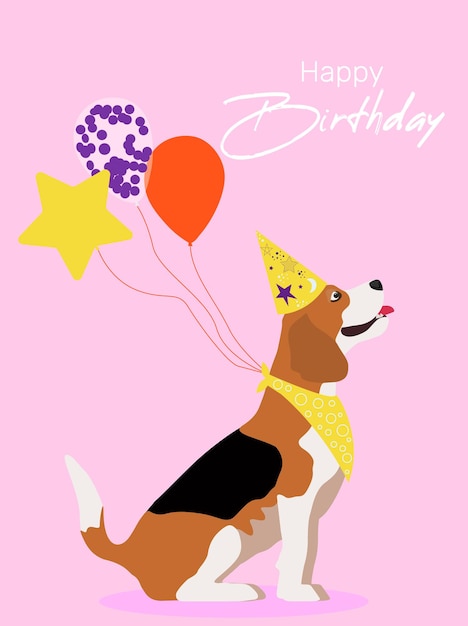 Biglietti di buon compleanno alla moda con divertente beagle. palline gonfiabili, su sfondo rosa. vettore