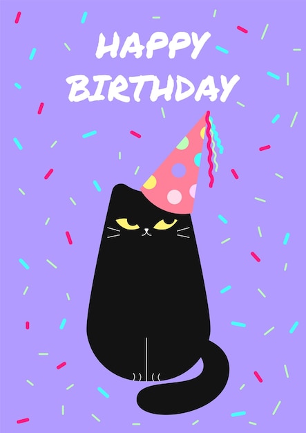 Вектор Стильные открытки с днем рождения с забавным черным котом. векторная открытка с милым животным.