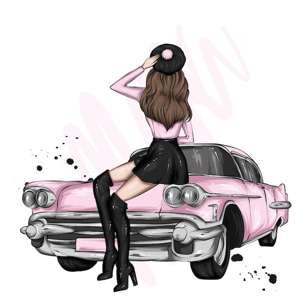 Vector stylish hipster girl and vintage car