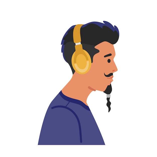 Stylish hipster man wear headphones profile view trendy male character with modern hairstyle mustaches and beard