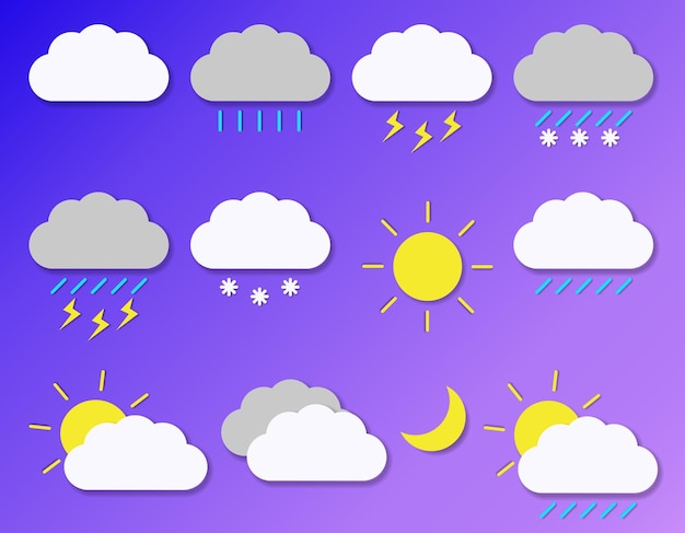 Stylish icons with phenomena weather. Modern isolated icons in flat style on gradient background.