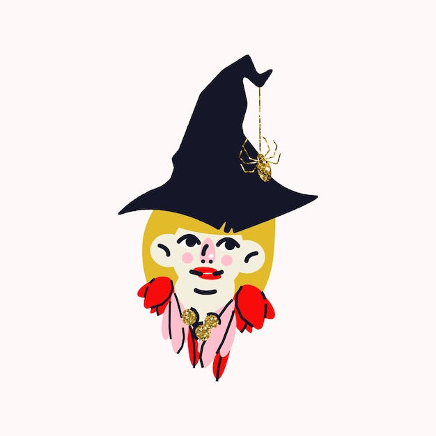 Stylish illustration with a girl witch in a carnival hat with a spider Vector print design