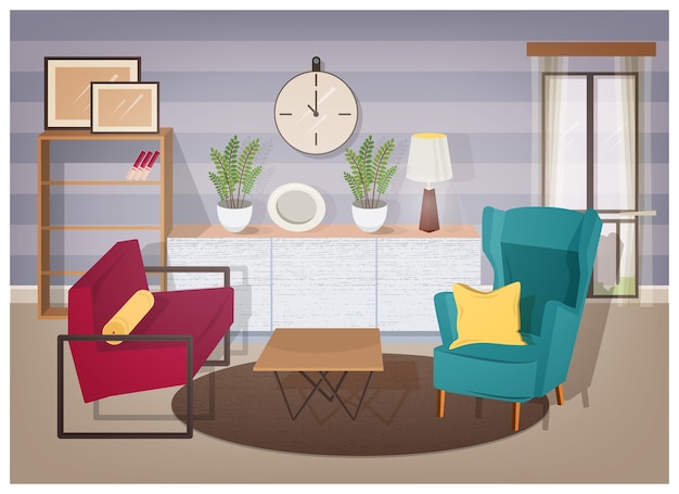 Stylish interior of living room full of modern furniture and home decorations - comfy armchairs, coffee table, shelving with books, houseplants, lamp, wall pictures. colorful vector illustration.