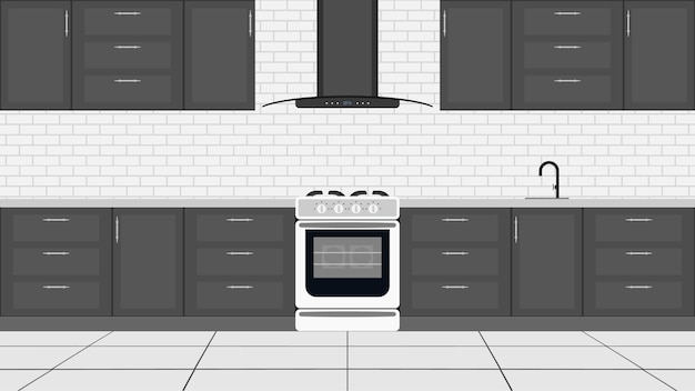 Vector stylish kitchen in a flat style. kitchen cabinets, stove, oven.