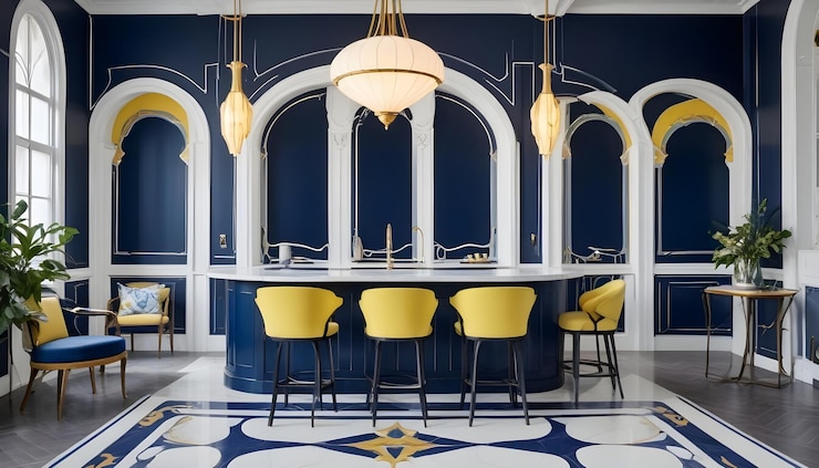 Vector a stylish kitchen with a blue and gold color scheme the room features a large oval bar with yellow stools a blue cabinet and gold lighting fixtures