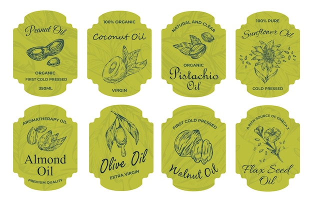 Stylish label with text on bottle organic oil set