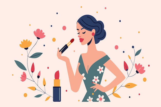 Vector stylish lady in green dress beautifies with makeup