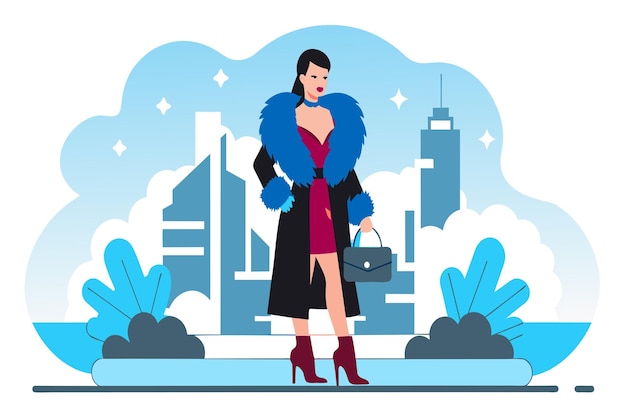 Vector stylish lady in a posh outfit walks confidently against a cityscape backdrop
