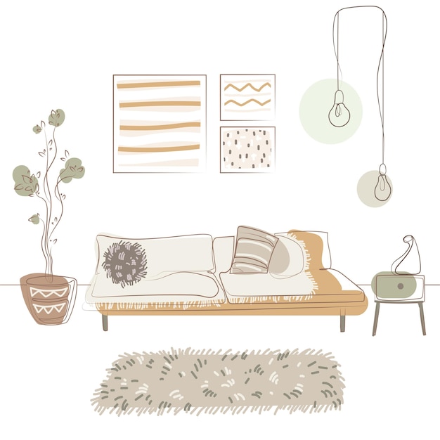 Vector stylish living room interior design boho scandinavian style vector illustration. japandi interior.