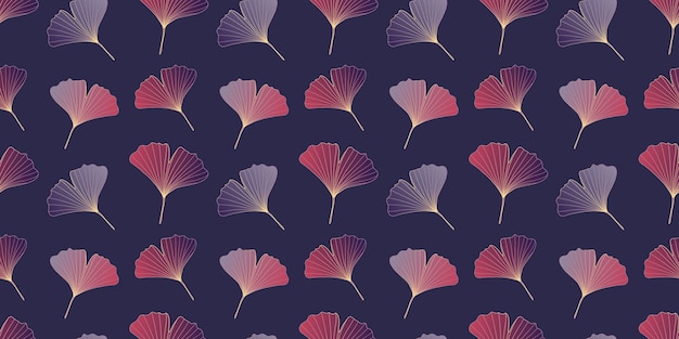 Stylish luxury vector seamless pattern with pink and blue ginkgo biloba leaves on dark purple background for textile print covers backdrops wallpapers decor wrapping paper