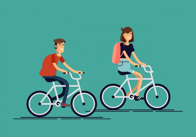 Stylish male and female hipsters on bicycl