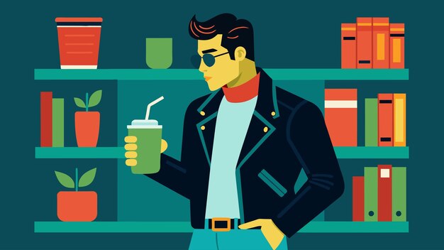 Vector a stylish man in a vintage leather jacket and slimfit jeans sipping on a green smoothie while