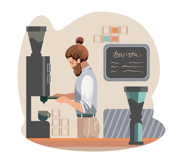 Vector stylish man working near coffee machine work in coffee shop selling beverage concept