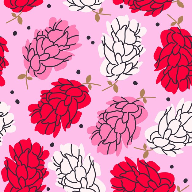 Stylish modern seamless pattern with hydrangea flowers in pink red and white vector background