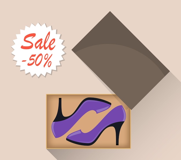 Vector stylish modern woman s high heel shoes in box side view the price tag with a discount of 50 percent