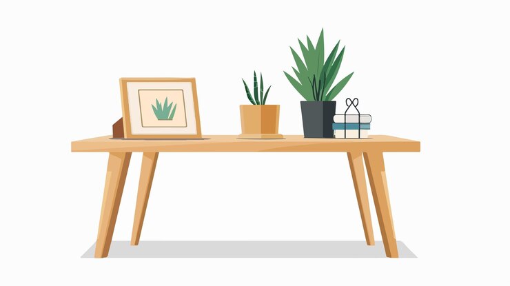 Vector stylish modern wooden coffee table with potted plant and picture frame