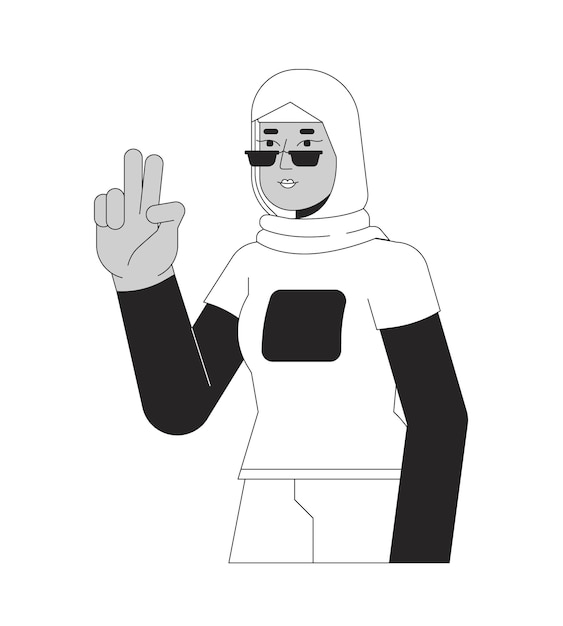 Вектор Стильная мусульманка, показывающая победу черно-белый 2d линейный мультфильм персонаж солнцезащитные очки хиджаб женщина селфи с изолированным векторным контуром человека два пальца вверх монохроматическая иллюстрация плоских точек