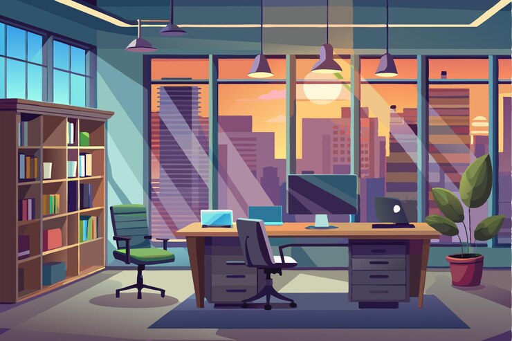Vector a stylish office interior showcases a large window revealing a vibrant sunset over the city landscape modern office interior with a window 3d illustration