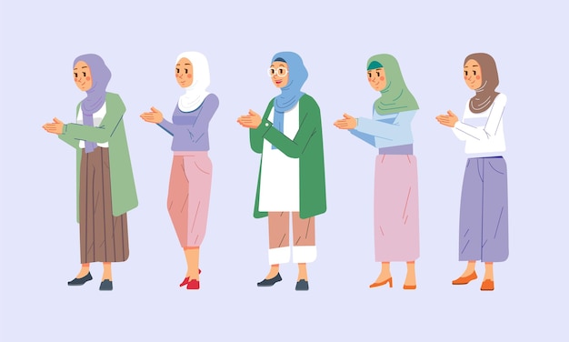 Vestito elegante da donna musulmana personaggio che si scusa posa ramadhan eid mubarak