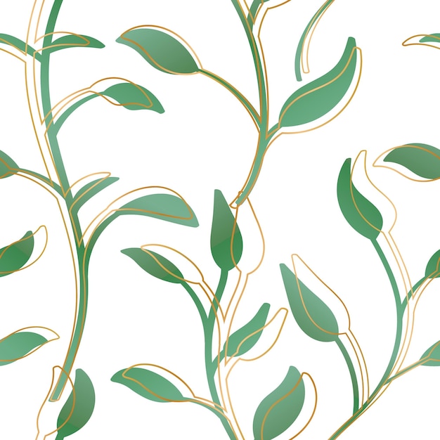 Стильный узор из зеленых листьев с золотым контуром на белом фоне для свадебных приглашений